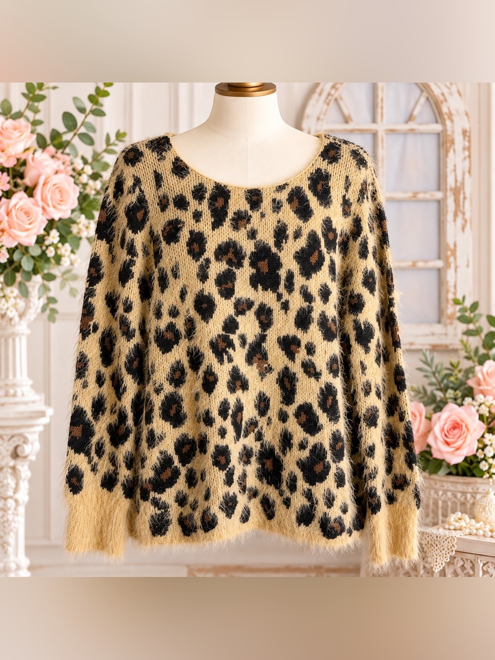 NY Collection Leopard Print Fuzzy Sweater Large Soft Cozy Luxe
